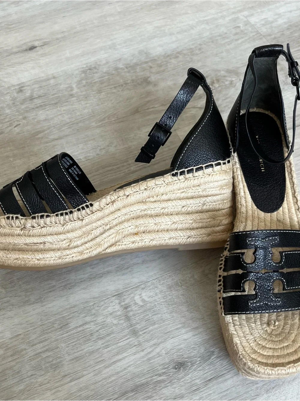 Tory Burch Ines Wedge Espadrille Sandals  Black Leather Sz 9 New 154464 Designer